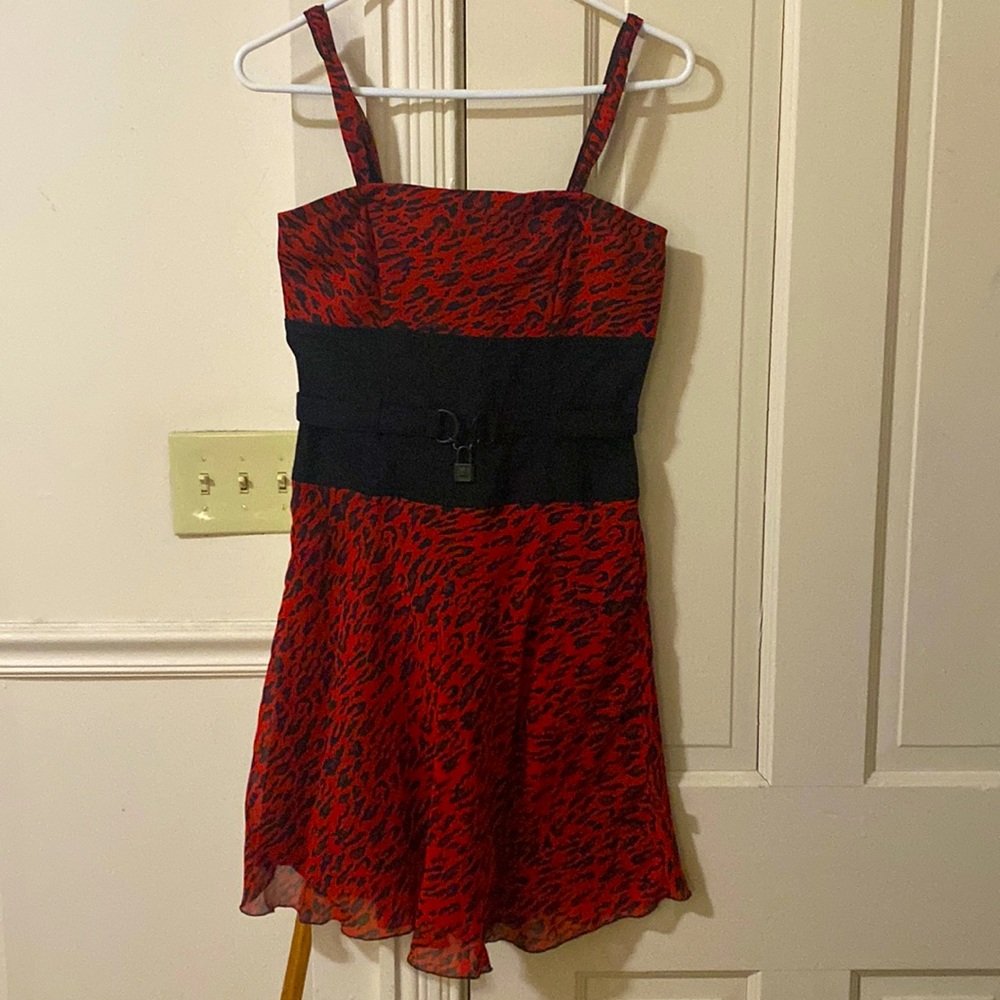 Red Leopard Print Tripp NYC Dress with Attached Black Padlock Belt